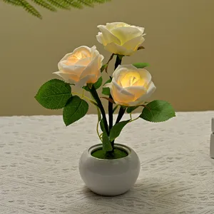 Artificial rose flower ceramic night light romantic table lamp desk decor for bedroom.