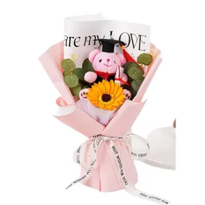 Bouquet de tournesol en peluche pour graduation, joli cadeau de poupee rose pour la fete.