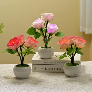 Artificial Rose Flower Ceramic Table Lamp LED Night Light Creative Bedside Home Decor Atmosphere Flower Lamp Gift