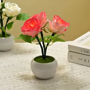 LED artificial rose flower ceramic table light cozy nightlamp for bedroom decoration