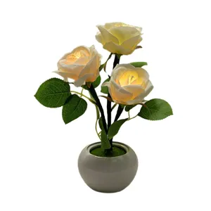 Artificial rose flower ceramic table lamp LED night light romantic bedroom decor gift