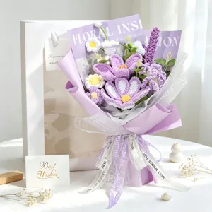 Exquisite handmade purple crochet flower bouquet featuring a white gift bag and greeting card