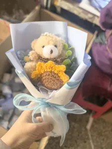 Crochet sunflower bear bouquet, graduation gift handmade wool flower present for students.