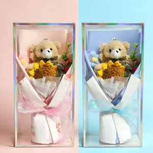 Graduation gift knitted sunflower bear bouquet in clear gift box, cute festival present.