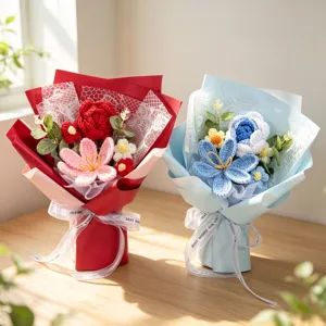 Handmade crochet flower bouquets with roses and tulips in red and blue decorative wrapping