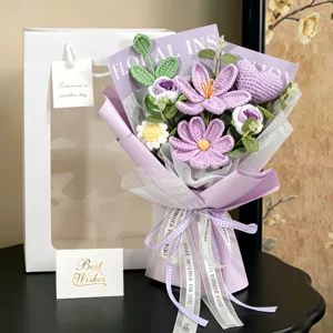 Exquisite handmade purple crochet flower bouquet with gift bag and romantic greeting card
