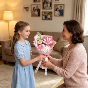 Bambina regala alla madre un bouquet di fiori all'uncinetto rosa fatto a mano in casa.