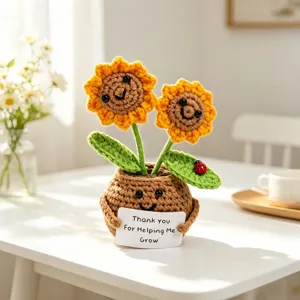 Handmade Crochet Knitted Sunflower Potted Plant Cute Smiley Face Desk Decor Positive Energy Yarn Flower Ornament Home Decoration Gift
