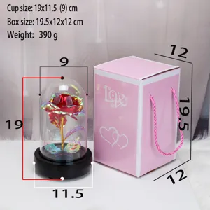 Details der Goldfolienrose in Glaskuppel mit Maßen und rosa Geschenkbox-Verpackung.