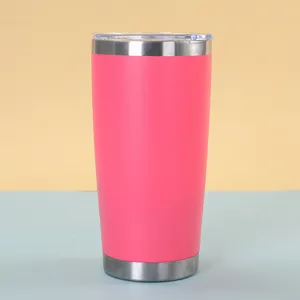 Close-up detail of a 20oz stainless steel vacuum insulated tumbler cup in bright pink finish.