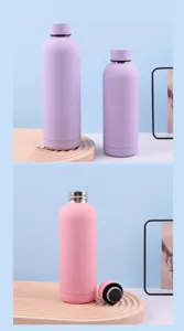 Detailed view of matte insulated stainless steel water bottles in pink and purple tones.