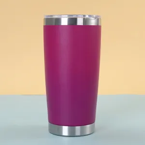 Stainless steel 20oz vacuum insulated tumbler in vibrant magenta with clear lid for travel use.