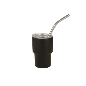 Mini vaso térmico de acero inoxidable con pajita y tapa transparente para café y bebidas.