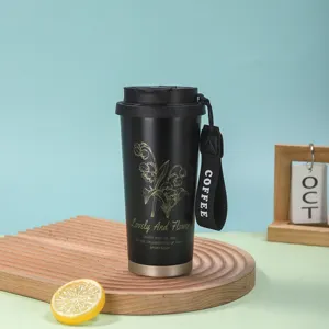 Tasse de voyage isotherme en acier inoxydable noir avec motif de lys et sangle portable