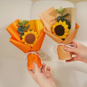 Handmade Crochet Sunflower And Tulip Knitted Mini Flower Bouquet Finished Graduation Gift Home Decor Party Supplies