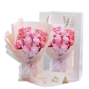 Pink soap rose bouquet with baby's breath, gift bag and card for Valentine's Day.