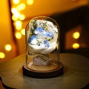 Blaue Seifenrosen Blumenstrauß in Glaskuppel mit LED Lichterkette romantisches Geschenk