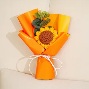 Handmade crochet sunflower bouquet mini knitted flower with orange wrapping paper gift