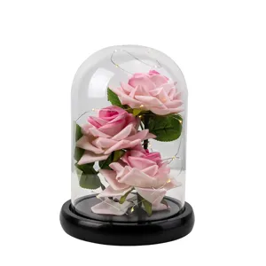 Rose rosa artificiali in cupola di vetro con luci LED e base nera per regalo