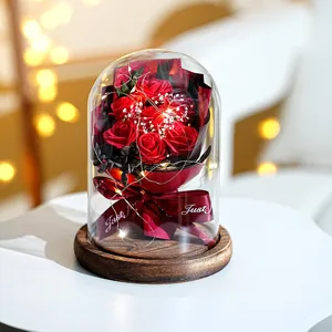 Nahaufnahme von 7 roten ewigen Rosen unter einer Glasglocke mit warmer Lichterkette