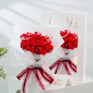 Red soap rose bouquet with gift bag, perfect romantic Valentine's Day gift for women.