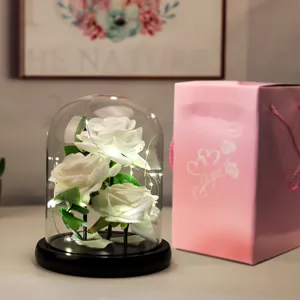 Tre rose di velluto bianco in cupola di vetro con LED e sacchetto regalo rosa per San Valentino.
