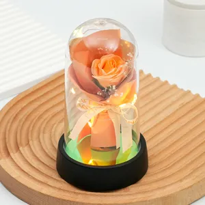 Fleur de rose artificielle veilleuse LED dôme en verre cadeau Saint Valentin déco