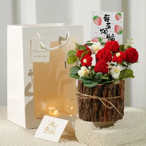 Handmade crochet flower potted plant with wooden pot and gift bag for home decor gift.