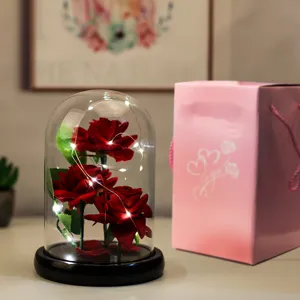 Rose finte di velluto rosso in cupola di vetro con luci LED e busta regalo rosa