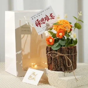 Handmade knitted flower potted plant with gift bag and greeting cards for teachers.