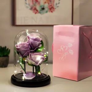 Primo piano di tre rose di velluto viola in una cupola di vetro con luci a LED calde