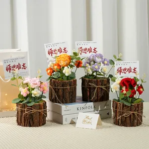 Handmade crochet flower potted plant with wooden bucket, teacher's day gift decor