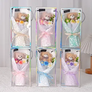 Set of six handmade crochet flower bouquets featuring teddy bears in transparent gift boxes