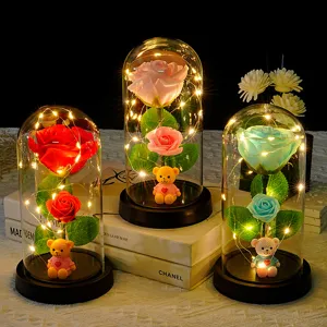 LED Rose Glass Dome Night Light with Cute Teddy Bear Eternal Flower Valentine Gift Decor 1pc