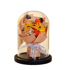 Preserved sunflower and rose bouquet in a decorative glass dome with elegant Just For You ribbon