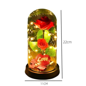 Rosa artificial en cúpula de vidrio con luces LED, decoración de regalo de San Valentín.