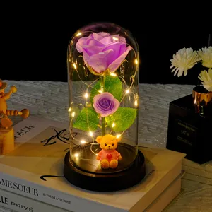 Glass dome rose night light with cute teddy bear and LED fairy lights for romantic gift.