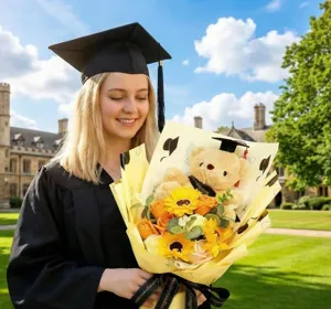Detailed view of graduation gift bouquet with cute plush bear, sunflowers, and soap roses.
