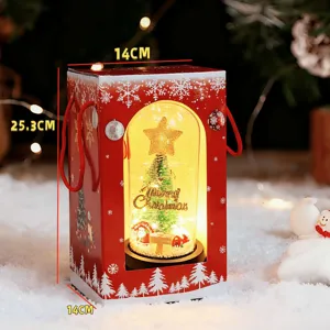 Vista detallada del árbol de Navidad LED en cúpula de cristal con medidas del paquete.
