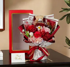 Artificial soap rose bouquet with cute teddy bear in red display gift box for Valentine's Day