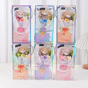 Detail view of six styles of knitted flower bouquets with cute teddy bears in gift boxes