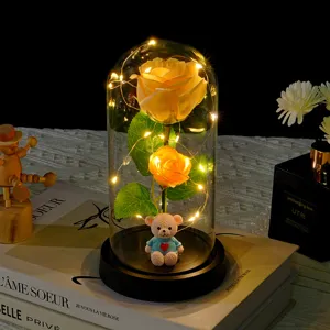 LED rose glass dome night light with cute teddy bear base, romantic Valentine gift decor.