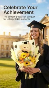 Graduation bouquet with cute bear and sunflowers, perfect gift for celebration moments.
