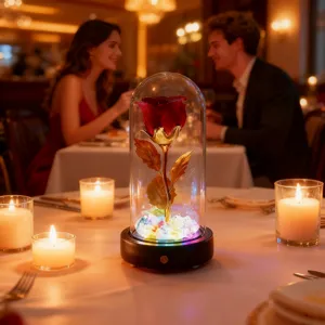 Ewige rote Rose in Glaskuppel mit LED-Basis auf romantischem Esstisch