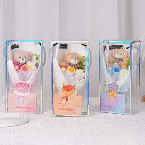 Three varieties of teddy bear plush and handmade knitted flower gift sets for Valentine's Day