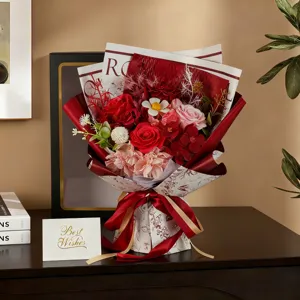 Elegant red and pink soap rose bouquet with a Best Wishes gift card for Valentines