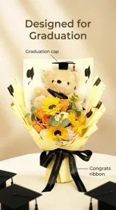 Graduation sunflower soap flower bouquet with cute plush bear and gift box packaging.