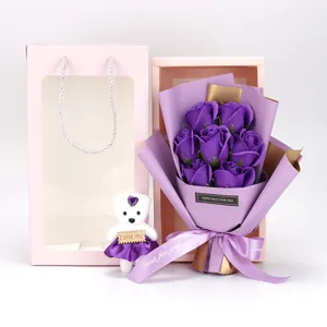 Kunstmatig Zeep Roos Bloemenboeket Met Beer Geschenkdoos Valentijnsdag Kerstmis Romantisch Cadeau Thuis Feest Decoratie