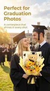 Detailed shot of a graduation bouquet with a cute PhD teddy bear and vibrant sunflowers.
