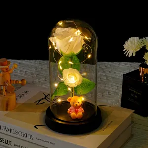 Beautiful LED rose glass dome with cute teddy bear night light, perfect romantic gift for Valentine.